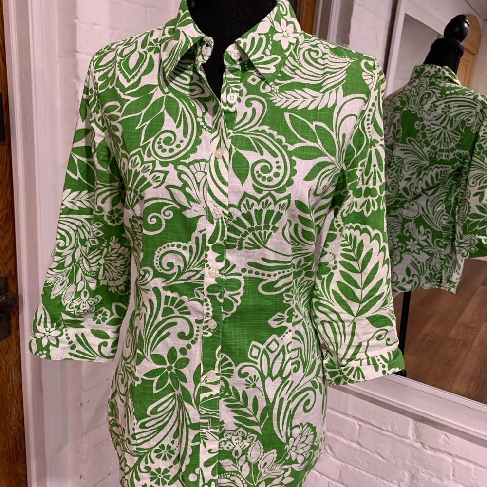 Cotton button down green white collar shirt small